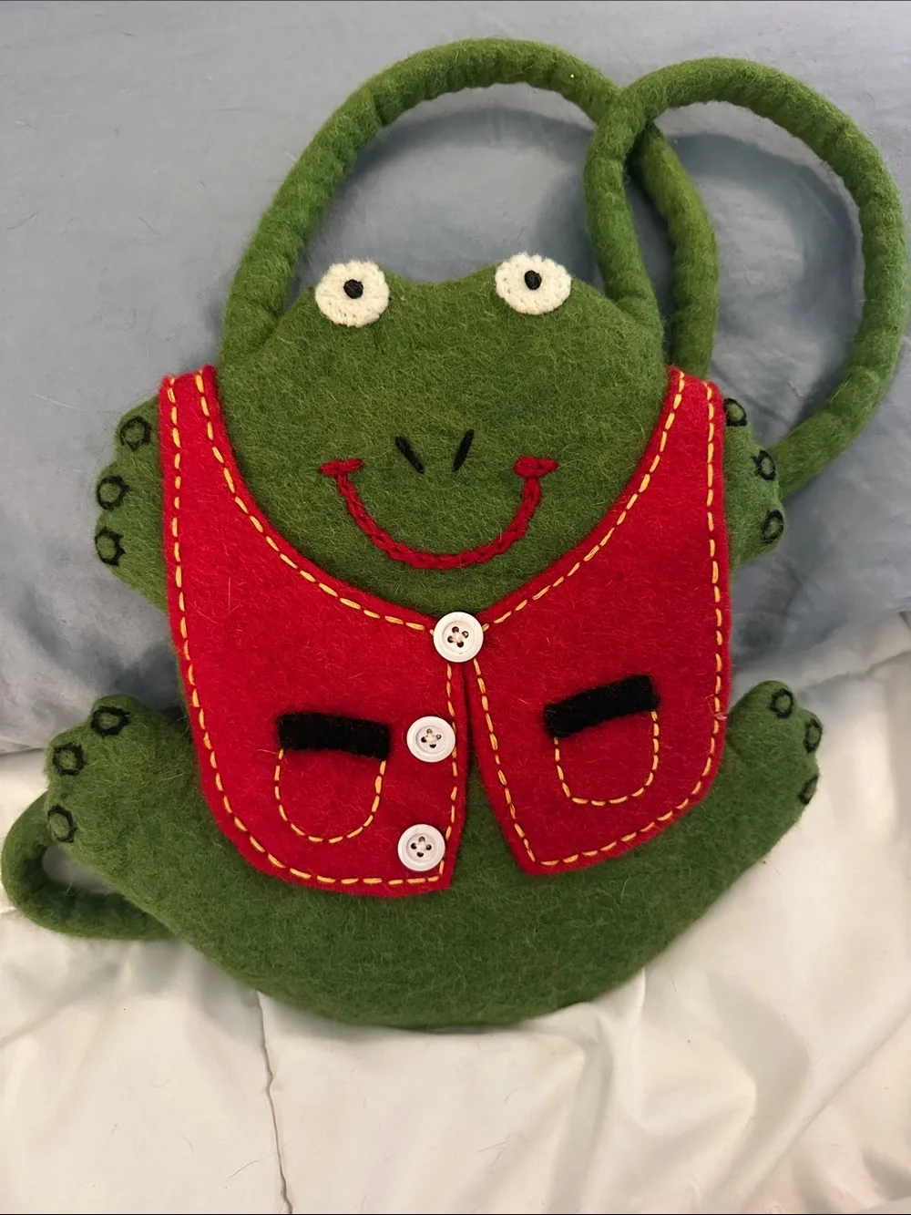 Green Frog Wool Crossbody Bag with Red Vest